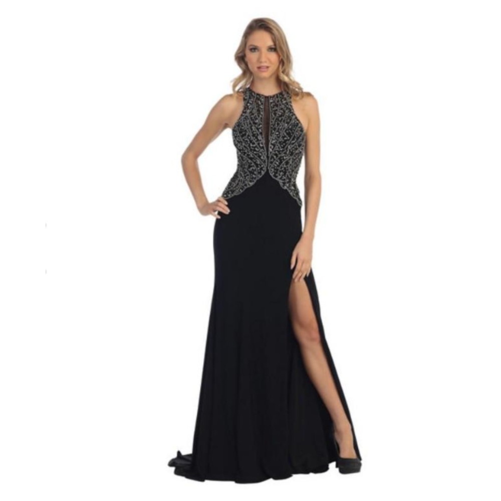 Let's Crystal Nude Gold Dress Illusion Deep V and Open Back Side Slit Size S